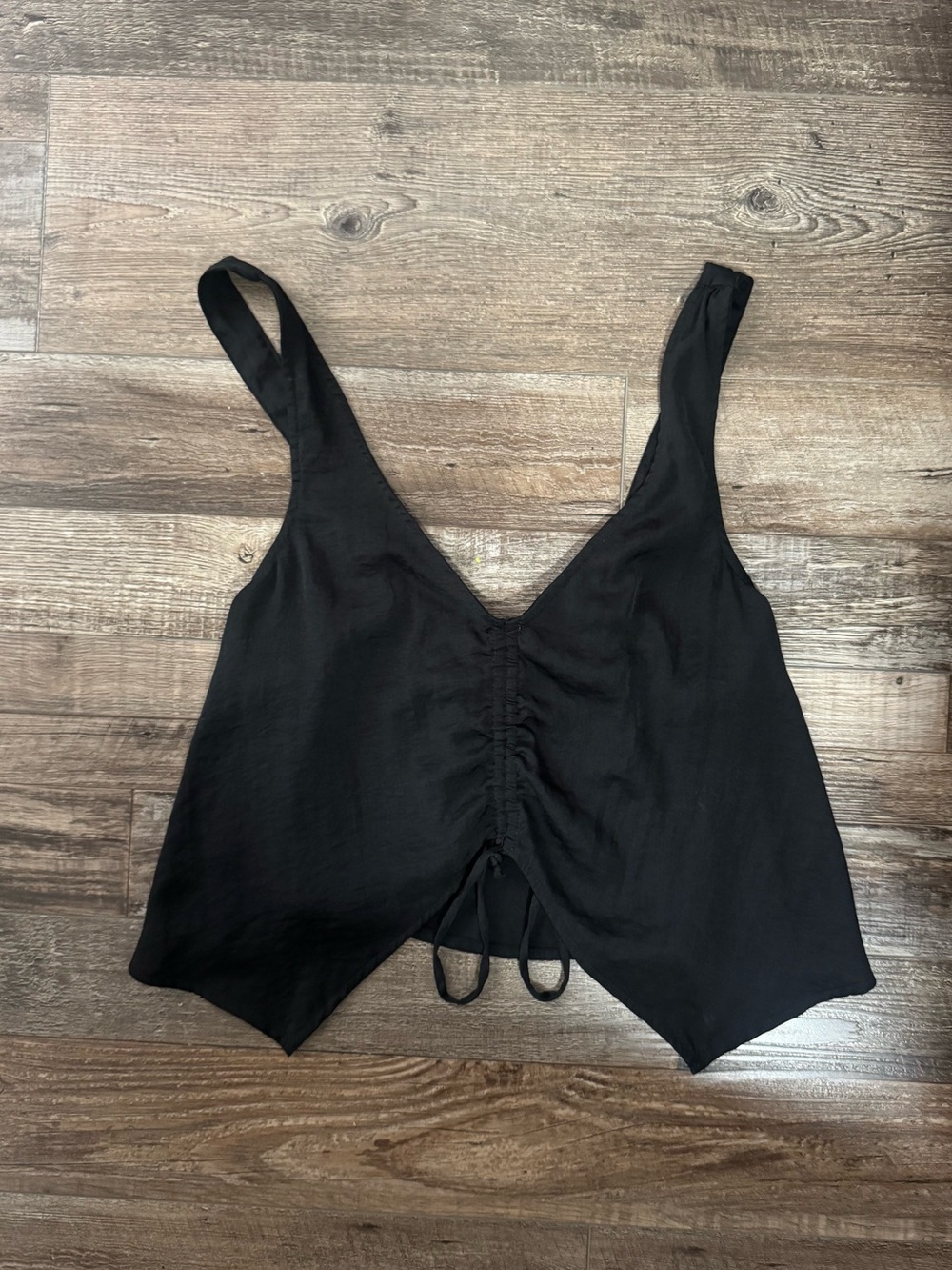 American Eagle black crop top with ruched front and adjustable straps